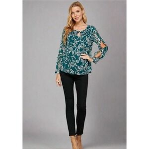 Sara Michelle Floral Blouse Cut Out Sleeve Cold Shoulder Teal Green‎ Top 2X NWOT